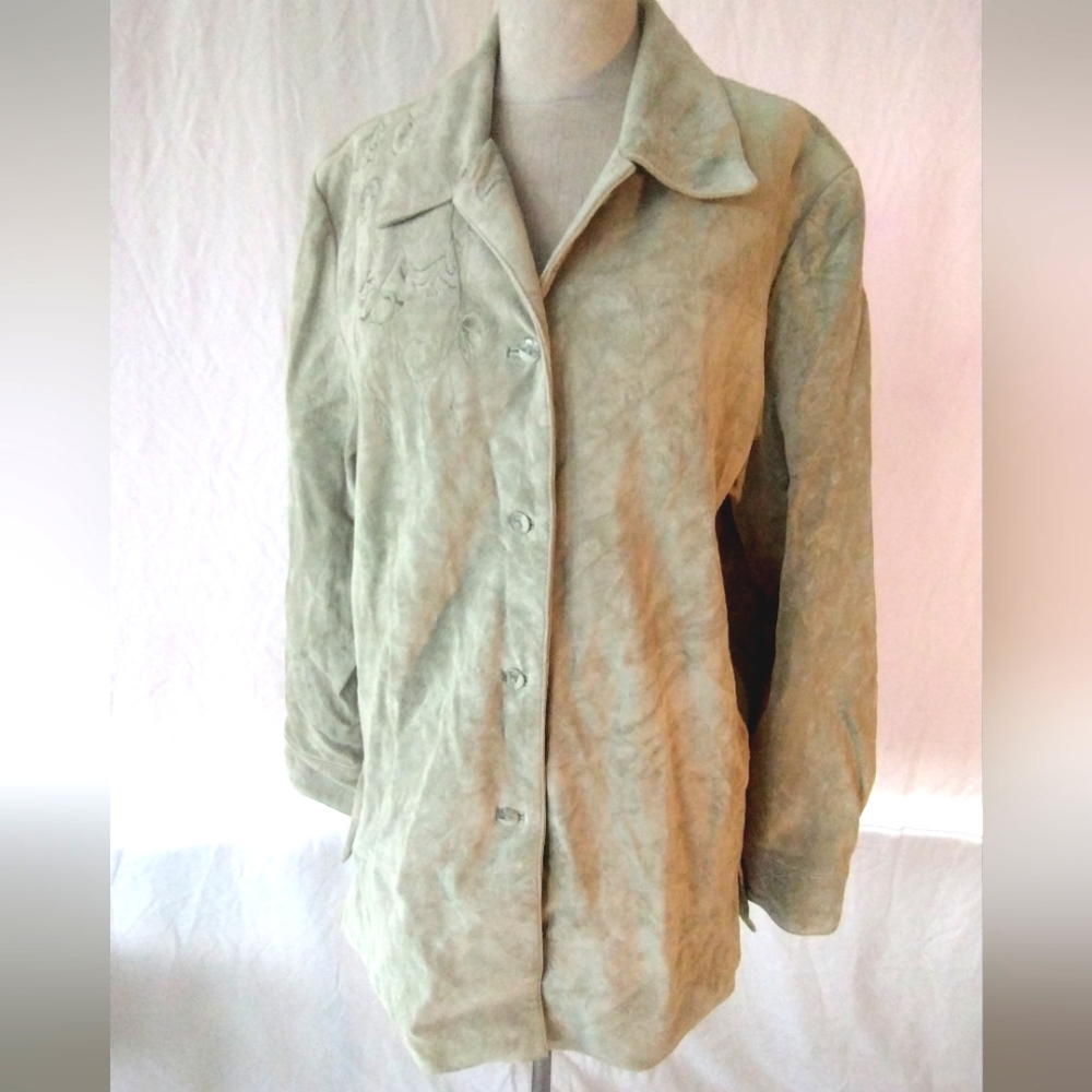 Jexxy Lewis suede jacket, Flower Embroidery Green/Collar/BttonUp/Pckets, Women,L